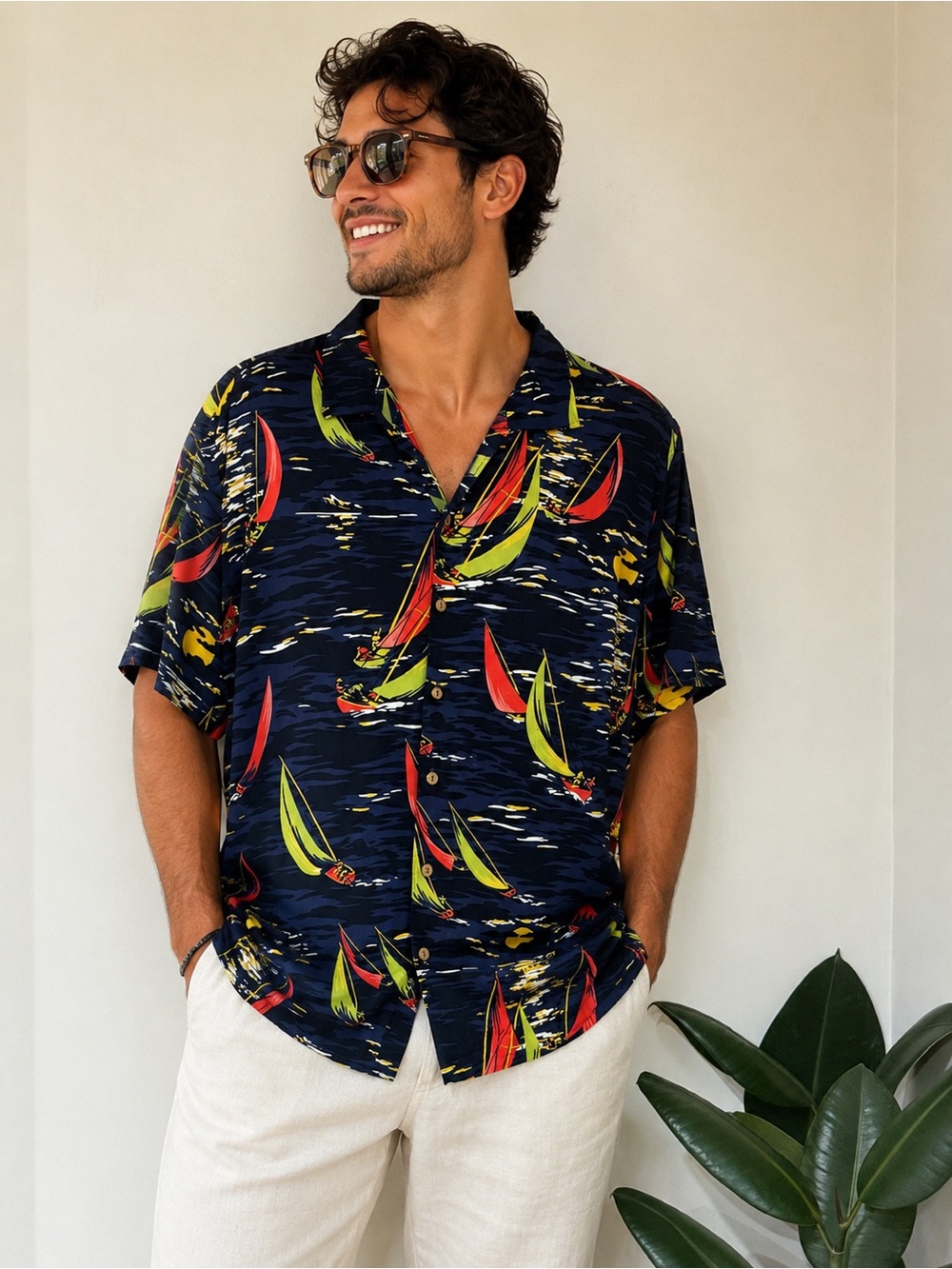 Polo Ralph Lauren Classic Fit Sailboat Camp Shirt Men’s  XL Navy Hawaiian